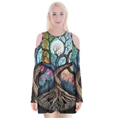 Tree Colourful Velvet Long Sleeve Shoulder Cutout Dress