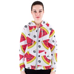 Cute Smiling Watermelon Seamless Pattern White Background Women s Zipper Hoodie