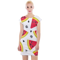 Cute Smiling Watermelon Seamless Pattern White Background Cap Sleeve Bodycon Dress by Pakjumat