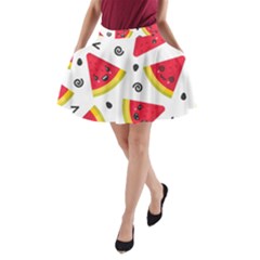 Cute Smiling Watermelon Seamless Pattern White Background A-line Pocket Skirt by Pakjumat