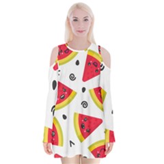 Cute Smiling Watermelon Seamless Pattern White Background Velvet Long Sleeve Shoulder Cutout Dress