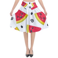 Cute Smiling Watermelon Seamless Pattern White Background Flared Midi Skirt by Pakjumat