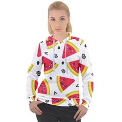 Cute Smiling Watermelon Seamless Pattern White Background Women s Overhead Hoodie