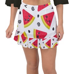 Cute Smiling Watermelon Seamless Pattern White Background Fishtail Mini Chiffon Skirt by Pakjumat