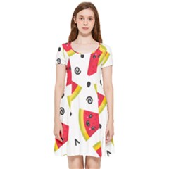 Cute Smiling Watermelon Seamless Pattern White Background Inside Out Cap Sleeve Dress by Pakjumat