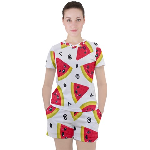 Cute Smiling Watermelon Seamless Pattern White Background Women s T-shirt And Shorts Set by Pakjumat