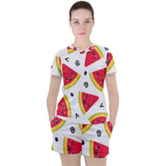 Cute Smiling Watermelon Seamless Pattern White Background Women s T-shirt And Shorts Set