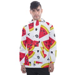 Cute Smiling Watermelon Seamless Pattern White Background Men s Front Pocket Pullover Windbreaker by Pakjumat