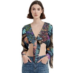 Tree Colourful Trumpet Sleeve Cropped Top