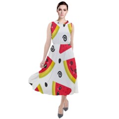 Cute Smiling Watermelon Seamless Pattern White Background Round Neck Boho Dress by Pakjumat