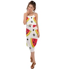 Cute Smiling Watermelon Seamless Pattern White Background Waist Tie Cover Up Chiffon Dress by Pakjumat