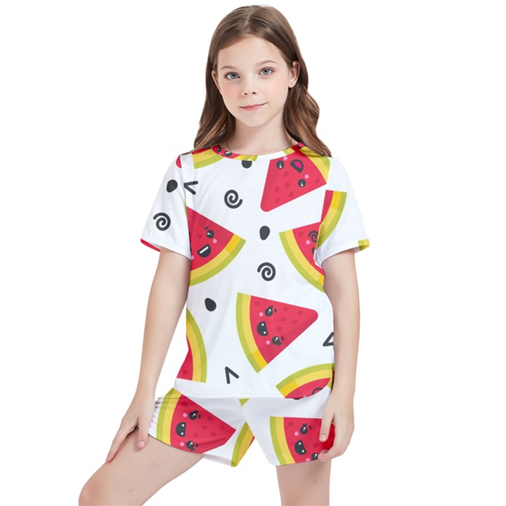 Cute Smiling Watermelon Seamless Pattern White Background Kids  T-Shirt And Sports Shorts Set