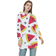 Cute Smiling Watermelon Seamless Pattern White Background Women s Long Oversized Pullover Hoodie