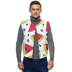 Cute Smiling Watermelon Seamless Pattern White Background Men s Button Up Puffer Vest	