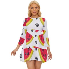 Cute Smiling Watermelon Seamless Pattern White Background Long Sleeve Babydoll Dress by Pakjumat