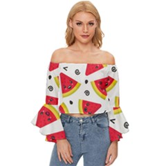 Cute Smiling Watermelon Seamless Pattern White Background Off Shoulder Flutter Bell Sleeve Top