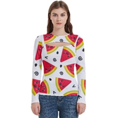 Cute Smiling Watermelon Seamless Pattern White Background Women s Cut Out Long Sleeve T-shirt by Pakjumat