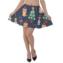 Boston Terrier Welsh Corgi Puppies Seamless Pattern Wallpaper Velvet Skater Skirt