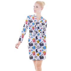 Cinema Icons Pattern Seamless Signs Symbols Collection Icon Button Long Sleeve Dress by Pakjumat