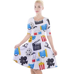 Cinema Icons Pattern Seamless Signs Symbols Collection Icon Quarter Sleeve A-line Dress by Pakjumat