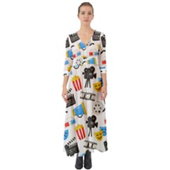 Cinema Icons Pattern Seamless Signs Symbols Collection Icon Button Up Boho Maxi Dress by Pakjumat