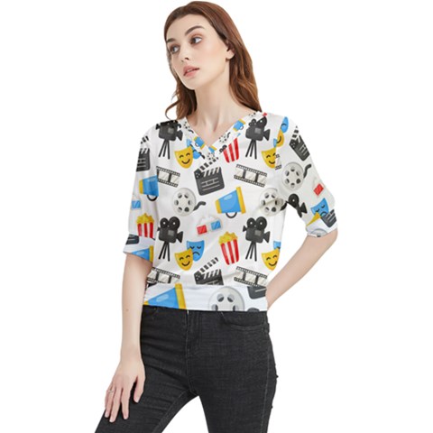 Cinema Icons Pattern Seamless Signs Symbols Collection Icon Quarter Sleeve Blouse by Pakjumat