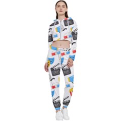 Cinema Icons Pattern Seamless Signs Symbols Collection Icon Cropped Zip Up Lounge Set by Pakjumat