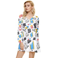 Cinema Icons Pattern Seamless Signs Symbols Collection Icon Tiered Long Sleeve Mini Dress by Pakjumat