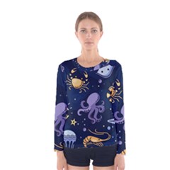 Marine Seamless Pattern Thin Line Memphis Style Women s Long Sleeve T-shirt