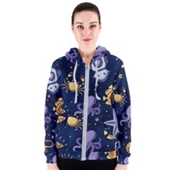 Marine Seamless Pattern Thin Line Memphis Style Women s Zipper Hoodie