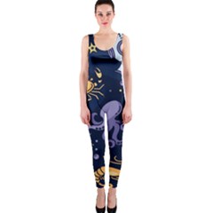 Marine Seamless Pattern Thin Line Memphis Style One Piece Catsuit