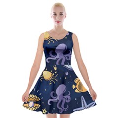 Marine Seamless Pattern Thin Line Memphis Style Velvet Skater Dress