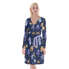 Marine Seamless Pattern Thin Line Memphis Style Long Sleeve Velvet Front Wrap Dress by Pakjumat