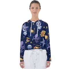 Marine Seamless Pattern Thin Line Memphis Style Women s Slouchy Sweat