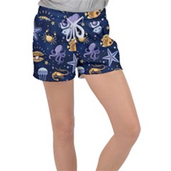 Marine Seamless Pattern Thin Line Memphis Style Women s Velour Lounge Shorts by Pakjumat