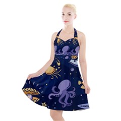 Marine Seamless Pattern Thin Line Memphis Style Halter Party Swing Dress  by Pakjumat