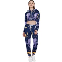 Marine Seamless Pattern Thin Line Memphis Style Cropped Zip Up Lounge Set by Pakjumat