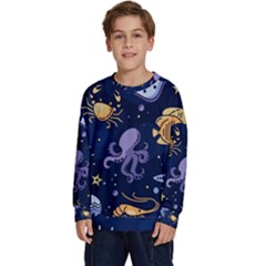 Marine Seamless Pattern Thin Line Memphis Style Kids  Crewneck Sweatshirt