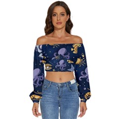 Marine Seamless Pattern Thin Line Memphis Style Long Sleeve Crinkled Weave Crop Top by Pakjumat