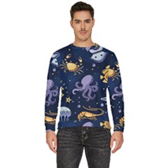 Marine Seamless Pattern Thin Line Memphis Style Men s Fleece Sweatshirt