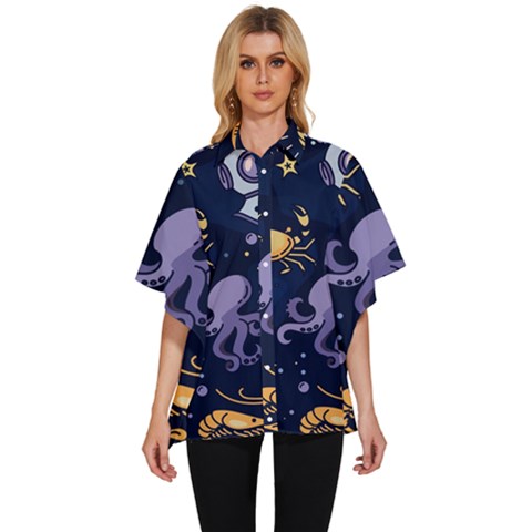 Marine Seamless Pattern Thin Line Memphis Style Women s Batwing Button Up Shirt by Pakjumat