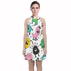 Funny Monster Pattern Velvet Halter Neckline Dress 