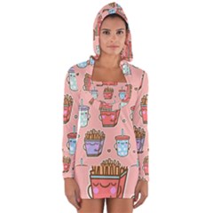 Cute Kawaii Food Seamless Pattern Long Sleeve Hooded T-shirt by Pakjumat