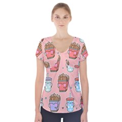 Cute Kawaii Food Seamless Pattern Short Sleeve Front Detail Top by Pakjumat