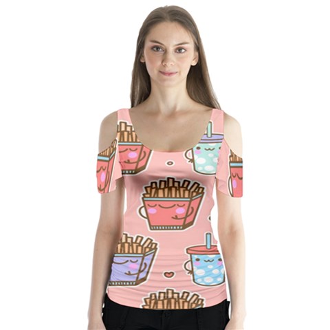 Cute Kawaii Food Seamless Pattern Butterfly Sleeve Cutout T-shirt  by Pakjumat