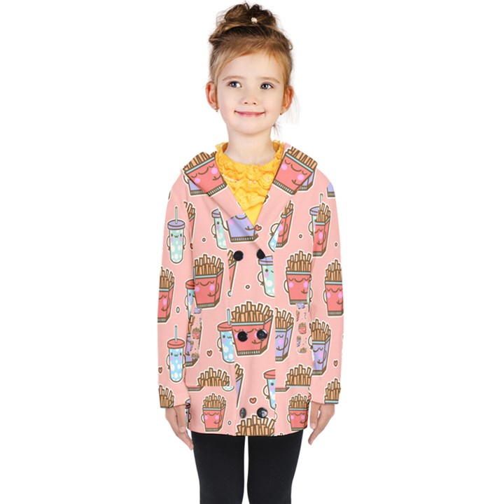 Cute Kawaii Food Seamless Pattern Kids  Double Breasted Button Coat