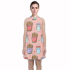 Cute Kawaii Food Seamless Pattern Velvet Halter Neckline Dress 