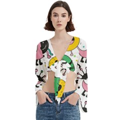 Funny Monster Pattern Trumpet Sleeve Cropped Top