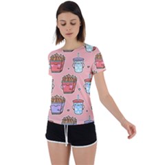 Cute Kawaii Food Seamless Pattern Back Circle Cutout Sports T-shirt by Pakjumat