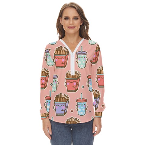 Cute Kawaii Food Seamless Pattern Zip Up Long Sleeve Blouse by Pakjumat